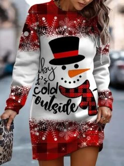 Women‘s Christmas Casual Dress Sweatshirt Dress Mini Dress Warm Fashion Outdoor Holiday Crew Neck Print Snowman Print Loose Fit Wine Red Purple S M L XL XXL -Casual Print Dress Sales xpmhmc1695096339081