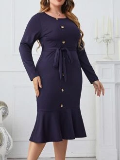 Women‘s Plus Size Curve Work Dress Sheath Dress Semi Formal Dress Fashion Midi Dress Lace Up Ruffle Crew Neck Long Sleeve Plain Regular Fit Navy Blue Spring Fall XL XXL 3XL 4XL -Casual Print Dress Sales xpoizs1692089358186