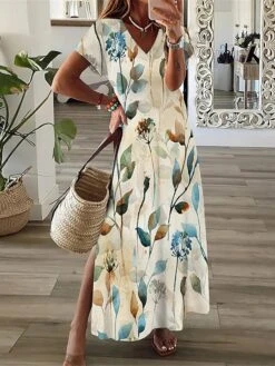 Women's Casual Dress A Line Dress Summer Dress Floral Split Print V Neck Long Dress Maxi Dress Fashion Streetwear Outdoor Daily Short Sleeve Regular Fit White Blue Purple Summer Spring S M L XL XXL -Casual Print Dress Sales xqaxjr1689075127541