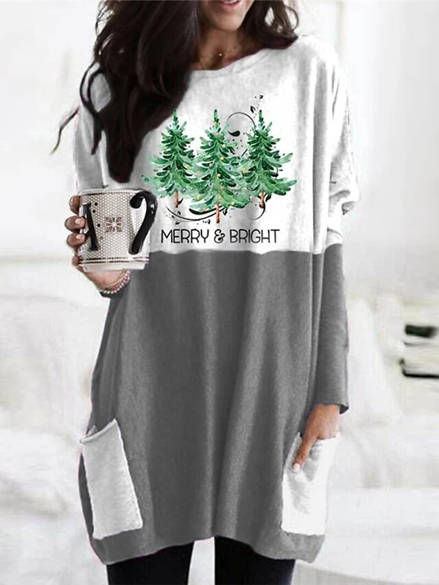 Women's Christmas Casual Dress T Shirt Dress Tee Dress Mini Dress Green Red Gray Long Sleeve Letter Tree Pocket Print Winter Fall Crew Neck Vacation Casual 2022 XXS XS S M L XL XXL 3XL 4XL 2 Women's Christmas Casual Dress T Shirt Dress Tee Dress Mini Dress Green Red Gray Long Sleeve Letter Tree Pocket Print Winter Fall Crew Neck Vacation Casual 2022 XXS XS S M L XL XXL 3XL 4XL - Image 2