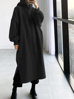 Women's Casual Dress Hoodie Dress Winter Dress Midi Dress Split Outdoor Daily Going Out Fashion Streetwear Hooded Long Sleeve 2023 Loose Fit Black Green Army Green Color S M L XL XXL Size -Casual Print Dress Sales xqxytq1693880169078