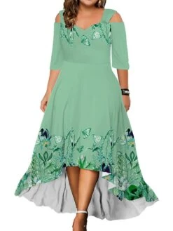 Women‘s Plus Size Curve Party Dress Wedding Guest Dress Swing Dress Long Dress Maxi Dress Pink Blue Green 3/4 Length Sleeve Floral Cold Shoulder Summer Spring Fall V Neck Fashion Birthday -Casual Print Dress Sales xrffsu1690280940501