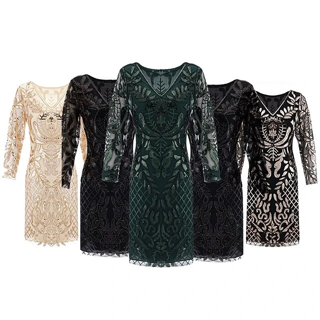 Women's Retro 1920s Sequin Dress Midi Dress Party Halloween Sequins Patchwork Leaf V Neck Long Sleeve Regular Fit Spring Fall 2023 Black Gold S M L XL 1 Women's Retro 1920s Sequin Dress Midi Dress Party Halloween Sequins Patchwork Leaf V Neck Long Sleeve Regular Fit Spring Fall 2023 Black Gold S M L XL
