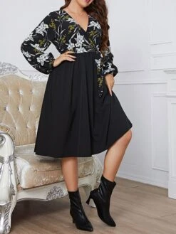 Women's Plus Size Party Dress Wedding Guest Dress Black Dress Midi Dress Black Long Sleeve Flower Lace Up Spring Fall Winter V Neck Fashion Winter Dress Evening Party Wedding Guest 2023 XL XXL 3XL 4XL -Casual Print Dress Sales xrzitj1693535285454