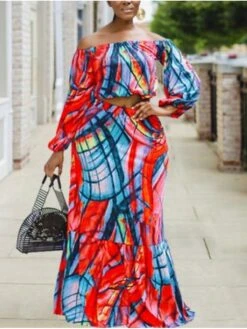 Women‘s Plus Size Curve Two Piece Dress Graphic One Shoulder Lantern Sleeve Long Sleeve Fall Spring Stylish Elegant Maxi Long Dress Holiday Vacation Dress -Casual Print Dress Sales xsbeqi1628660764256