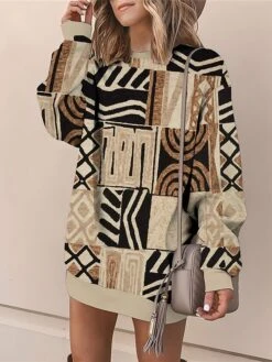 Women's Casual Dress Sweatshirt Dress Mini Dress Warm Daily Outdoor Vacation Going Out Crew Neck Print Geometric Loose Fit Blue Brown Green S M L XL XXL