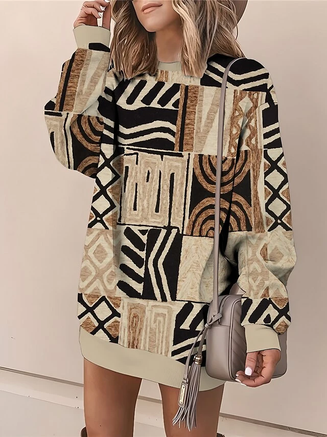 Women's Casual Dress Sweatshirt Dress Mini Dress Warm Daily Outdoor Vacation Going Out Crew Neck Print Geometric Loose Fit Blue Brown Green S M L XL XXL 1 Women's Casual Dress Sweatshirt Dress Mini Dress Warm Daily Outdoor Vacation Going Out Crew Neck Print Geometric Loose Fit Blue Brown Green S M L XL XXL