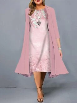 Women‘s Plus Size Curve Casual Dress Dress Set Two Piece Dress Floral Midi Dress 3/4 Length Sleeve Print Crew Neck Fashion Daily Light Green Pink Spring Summer L XL XXL 3XL 4XL