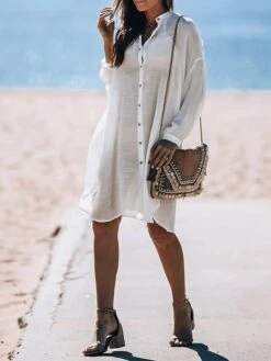 Women's Cover Up Beach Dress Beach Wear Midi Dress Button Basic Casual Plain Stand Collar Long Sleeve Loose Fit Outdoor Daily White 2023 Fall Spring One Size -Casual Print Dress Sales xtjjsu1673421341465