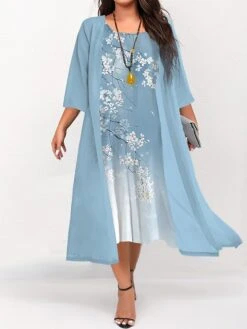 Women's Plus Size Curve Two Piece Dress Set Casual Dress Swing Dress Outdoor Daily Fashion Elegant Print Midi Dress Crew Neck 3/4 Length Sleeve Floral Ombre Pink Blue Sky Blue Fall Winter S M L -Casual Print Dress Sales xtjopu1692942735746