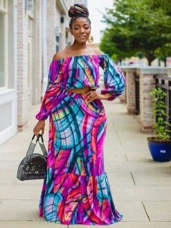 Women‘s Plus Size Curve Two Piece Dress Graphic One Shoulder Lantern Sleeve Long Sleeve Fall Spring Stylish Elegant Maxi Long Dress Holiday Vacation Dress -Casual Print Dress Sales xtzsnk1620359006969