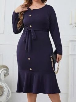 Women‘s Plus Size Curve Work Dress Sheath Dress Semi Formal Dress Fashion Midi Dress Lace Up Ruffle Crew Neck Long Sleeve Plain Regular Fit Navy Blue Spring Fall XL XXL 3XL 4XL -Casual Print Dress Sales xuagbz1692089357184
