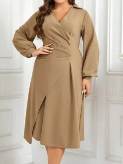 Women's Plus Size Curve Work Dress A Line Dress Plain Midi Dress Long Sleeve Ruched V Neck Fashion Office Khaki Fall Winter XL XXL 3XL 4XL -Casual Print Dress Sales xukghf1695279807275