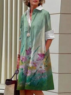 Women's Shirt Dress Casual Dress Midi Dress Outdoor Office Daily Polyester Fashion Modern Shirt Collar Button Pocket Long Sleeve Fall Winter 2023 Loose Fit ArmyGreen White Blue Floral S M L XL 2XL