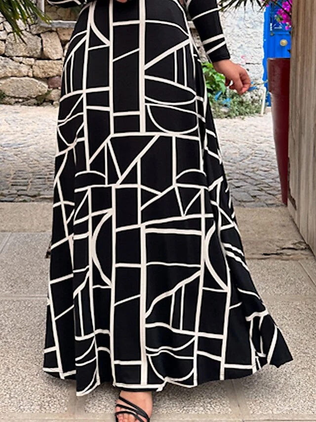 Women's Casual Dress Swing Dress A Line Dress Geometric Color Block Print V Neck Long Dress Maxi Dress Fashion Streetwear Outdoor Daily Long Sleeve Loose Fit Black Spring Fall S M L XL XXL 3 Women's Casual Dress Swing Dress A Line Dress Geometric Color Block Print V Neck Long Dress Maxi Dress Fashion Streetwear Outdoor Daily Long Sleeve Loose Fit Black Spring Fall S M L XL XXL - Image 3