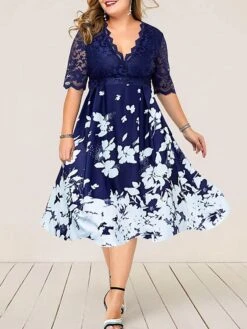 Women‘s Plus Size Curve Party Dress Floral V Neck Lace Half Sleeve Fall Spring Work Vintage Midi Dress Daily Vacation Dress Homecoming Dress Print