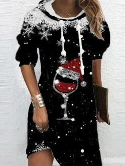 Women‘s Christmas Hoodie Dress Shift Dress Mini Dress Black Long Sleeve Snowflake Print Fall Winter Autumn Hooded Fashion 2023 S M L XL XXL 3XL