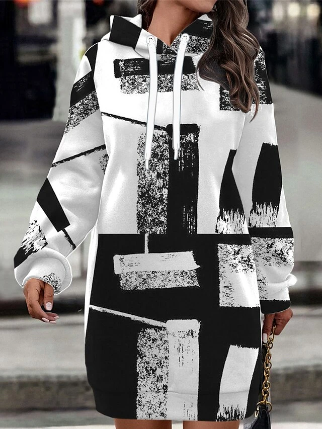 Women's Casual Dress Hoodie Dress Winter Dress Geometric Plaid Print Hooded Mini Dress Fashion Streetwear Outdoor Daily Long Sleeve Loose Fit Black Fall Winter S M L XL XXL 1 Women's Casual Dress Hoodie Dress Winter Dress Geometric Plaid Print Hooded Mini Dress Fashion Streetwear Outdoor Daily Long Sleeve Loose Fit Black Fall Winter S M L XL XXL