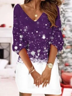 Women's Christmas Sweatshirt Dress Shift Dress Sweat Dress Mini Dress Green Blue Purple 3/4 Length Sleeve Tree Print Winter Fall Autumn V Neck Fashion 2022 S M L XL XXL 3XL -Casual Print Dress Sales xwmlea1667990298468