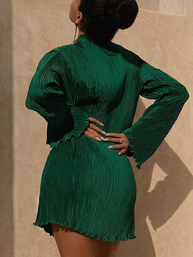 Women's Casual Dress Plain Dress Spring Dress Mini Dress Ruched Street Daily Holiday Fashion Streetwear High Neck Long Sleeve 2023 Regular Fit Green Apricot Color S M L Size 2 Women's Casual Dress Plain Dress Spring Dress Mini Dress Ruched Street Daily Holiday Fashion Streetwear High Neck Long Sleeve 2023 Regular Fit Green Apricot Color S M L Size - Image 2