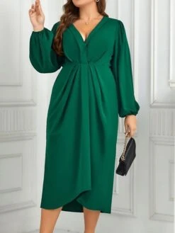 Women's Plus Size Curve Casual Dress A Line Dress Plain Midi Dress Long Sleeve Ruched V Neck Fashion Outdoor Green Fall Winter XL XXL 3XL 4XL -Casual Print Dress Sales xwqebg1695279810195
