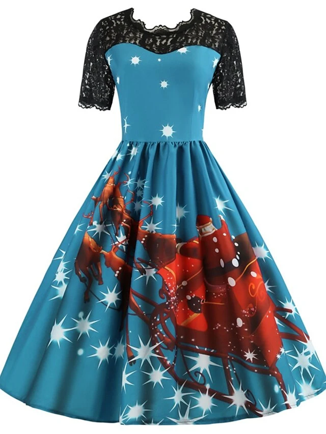 Women's Christmas Lace Dress Swing Dress Maxi Long Dress Claret Green Blue Purple Red Rose Red Short Sleeve Santa Claus Print Lace Patchwork Winter Fall Crew Neck Vintage Fashion Elegant 2022 S M L 5 Women's Christmas Lace Dress Swing Dress Maxi Long Dress Claret Green Blue Purple Red Rose Red Short Sleeve Santa Claus Print Lace Patchwork Winter Fall Crew Neck Vintage Fashion Elegant 2022 S M L - Image 5