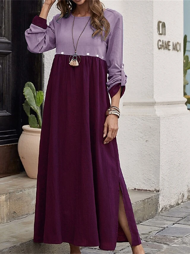 Women's Casual Dress Plain Dress Long Dress Maxi Dress Patchwork Button Outdoor Street Daily Fashion Classic Crew Neck Long Sleeve 2023 Loose Fit Pink Purple Green Color S M L XL XXL Size 2 Women's Casual Dress Plain Dress Long Dress Maxi Dress Patchwork Button Outdoor Street Daily Fashion Classic Crew Neck Long Sleeve 2023 Loose Fit Pink Purple Green Color S M L XL XXL Size - Image 2
