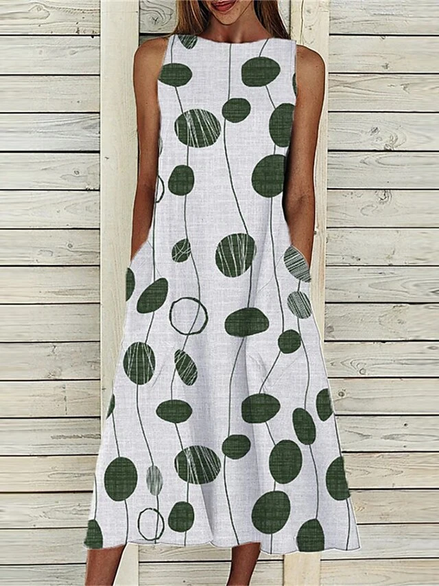 Women's Casual Dress Midi Dress Blue Green Sleeveless Geometric Pocket Summer Spring Crew Neck Vacation 2023 S M L XL XXL 3XL 2 Women's Casual Dress Midi Dress Blue Green Sleeveless Geometric Pocket Summer Spring Crew Neck Vacation 2023 S M L XL XXL 3XL - Image 2