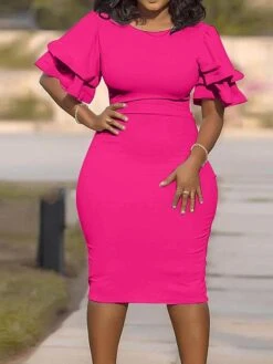 Women‘s Plus Size Curve Work Dress Bodycon Sheath Dress Solid Color Midi Dress Short Sleeve Ruffle Crew Neck Fashion Office Black White Summer Spring XL XXL 3XL 4XL 5XL -Casual Print Dress Sales xyhxzc1677650842227