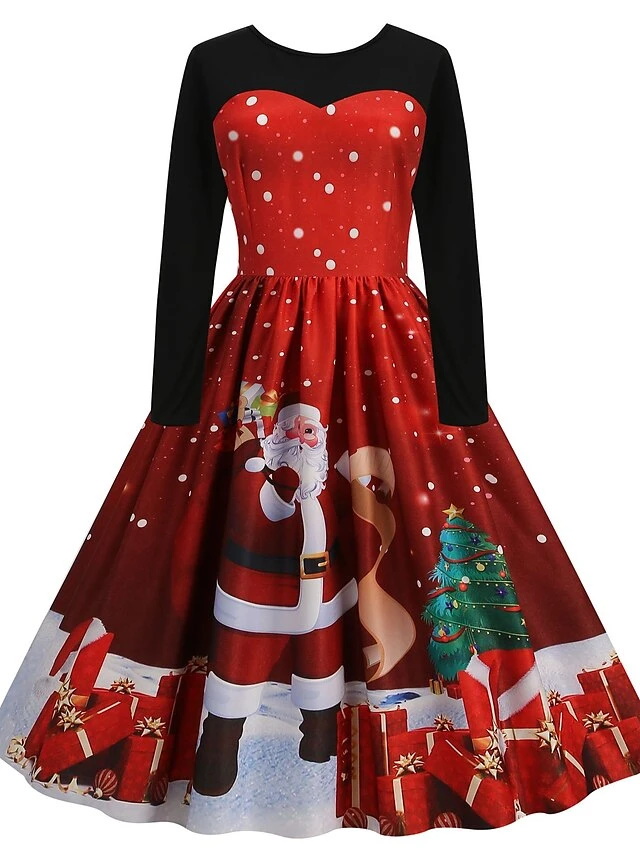 Women's Christmas Swing Dress Midi Dress Black Long Sleeve Santa Claus Print Winter Fall Autumn Crew Neck Modern 2022 S M L XL 2XL 3XL 1 Women's Christmas Swing Dress Midi Dress Black Long Sleeve Santa Claus Print Winter Fall Autumn Crew Neck Modern 2022 S M L XL 2XL 3XL