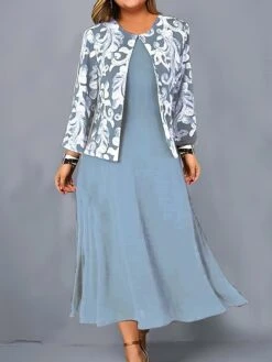 Women's Plus Size Curve Casual Dress Dress Set Two Piece Dress Floral Midi Dress Long Sleeve Print Crew Neck Mature Outdoor Blue Purple Fall Winter L XL XXL 3XL 4XL