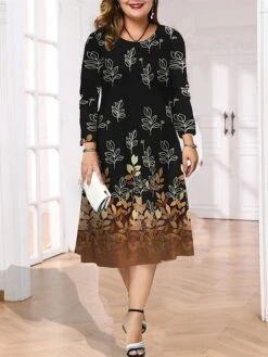 Women's Plus Size Curve Casual Dress Skater Dress A Line Dress Leaf Gradient Midi Dress Long Sleeve Print Crew Neck Fashion Outdoor Deep Purple Deep Green Fall Winter L XL XXL 3XL 4XL