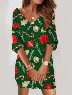 Women's Christmas Sweatshirt Dress Shift Dress Mini Dress Green Red 3/4 Length Sleeve Graphic Print Winter Fall Autumn V Neck Fashion Christmas Loose Fit 2022 S M L XL XXL 3XL