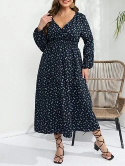 Women's Plus Size Curve Party Dress Wedding Guest Dress Swing Dress Midi Dress Dark Blue Long Sleeve Floral Print Spring Fall Winter V Neck Fashion Winter Dress Birthday Wedding Guest XL XXL 3XL 4XL -Casual Print Dress Sales ycekyg1692171336640