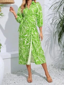 Women's Shirt Dress Casual Dress Wrap Dress Midi Dress Outdoor Daily Date Polyester Fashion Casual Split Neck Lace Up Split Long Sleeve Fall Winter 2023 Regular Fit Orange Green Floral S M L XL