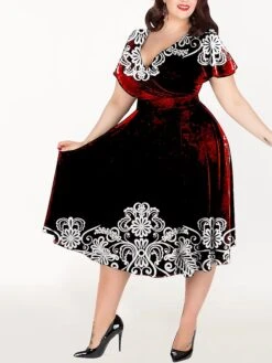 Women‘s Plus Size Curve Casual Dress A Line Dress Graphic Midi Dress Short Sleeve Print V Neck Elegant Holiday Black White Summer Spring L XL XXL 3XL 4XL -Casual Print Dress Sales ycovib1679394262468