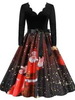 Women's Christmas Party Dress Swing DressKnee Length Dress Green Purple Wine Red Black Long Sleeve Santa Claus Elk Snowman Print Fall Winter V Neck Vintage Party Elegant Party 2022 S M L XL XXL 3XL -Casual Print Dress Sales ycrcni1665475508463