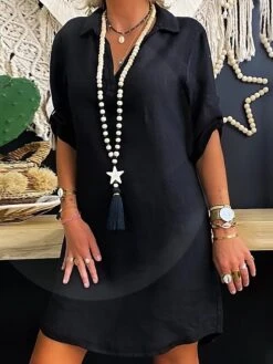 Women's Casual Dress Midi Dress Black 3/4 Length Sleeve Pure Color Summer Spring V Neck Casual Loose Fit 2023 S M L XL XXL