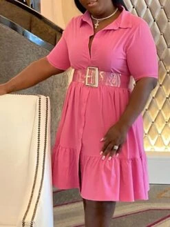 Women‘s Plus Size Curve Shirt Dress Solid Color Shirt Collar Ruffle Half Sleeve Spring Summer Casual Knee Length Dress Daily Holiday Dress -Casual Print Dress Sales ycwgeq1656491039817