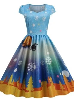 Women's Christmas Vintage Dress Blue Wine Red Light Blue Short Sleeve Print Print Winter Fall Square Neck Vintage 2022 S M L XL 2XL 3XL