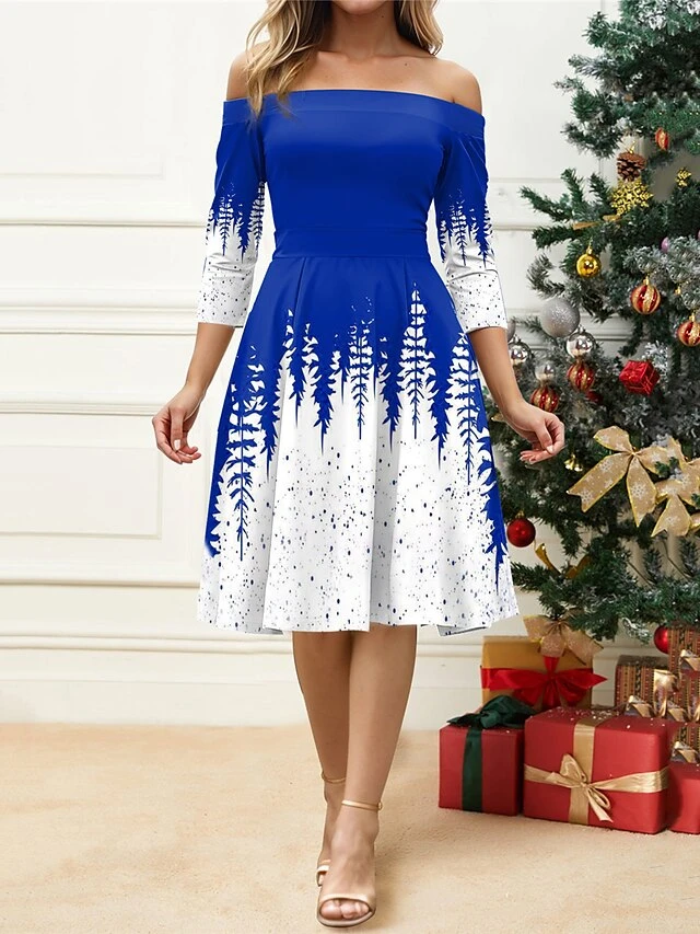 Women's Retro 1950s Vintage Dress Midi Dress Christmas Daily Print Christmas Tree Off Shoulder 3/4 Length Sleeve Slim Spring Fall 2023 Red Blue S M L XL 2 Women's Retro 1950s Vintage Dress Midi Dress Christmas Daily Print Christmas Tree Off Shoulder 3/4 Length Sleeve Slim Spring Fall 2023 Red Blue S M L XL - Image 2