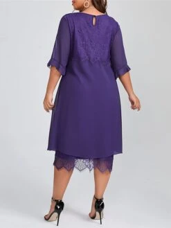 Women's Plus Size Curve Winter Dress Casual Dress Lace Dress Plain Midi Dress 3/4 Length Sleeve Lace Ruched Crew Neck Fashion Daily Purple Fall Winter L XL XXL 3XL 4XL -Casual Print Dress Sales yebufh1697189318112