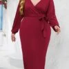 Women's Plus Size Party Dress Cocktail Dress Wedding Guest Dress Midi Dress Black Wine Blue Long Sleeve Pure Color Lace Up Spring Fall Winter V Neck Fashion Winter Dress Wedding Guest Birthday 2023