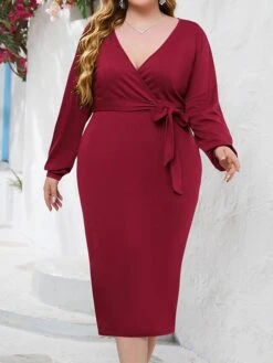 Women's Plus Size Party Dress Cocktail Dress Wedding Guest Dress Midi Dress Black Wine Blue Long Sleeve Pure Color Lace Up Spring Fall Winter V Neck Fashion Winter Dress Wedding Guest Birthday 2023
