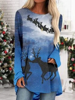 Women's Christmas T Shirt Dress Tee Dress Print Dress Light Blue Long Sleeve Animal Print Patchwork Print Fall Spring Crew Neck Classic Modern Fall Dress Loose Fit 2022 S M L XL 2XL 3XL 4XL