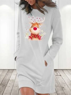 Women‘s Christmas Casual Dress Hoodie Dress Light Blue Grey White Long Sleeve Elk Pocket Print Winter Fall Crew Neck Stylish Casual Fall Dress Loose Fit 2022 S M L XL 2XL / Cotton / Winter Dress -Casual Print Dress Sales yevfpy1666259114315