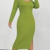 Women‘s Plus Size Curve Party Dress Cocktail Dress Wedding Guest Dress Midi Dress Green Long Sleeve Pure Color Split Spring Fall Winter Crew Neck Fashion Birthday Wedding Guest Vacation 2023