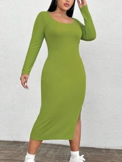 Women‘s Plus Size Curve Party Dress Cocktail Dress Wedding Guest Dress Midi Dress Green Long Sleeve Pure Color Split Spring Fall Winter Crew Neck Fashion Birthday Wedding Guest Vacation 2023