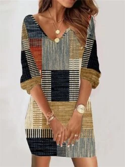 Women's Casual Dress Sweatshirt Dress Print Dress Geometric Color Block Print V Neck Mini Dress Fashion Streetwear Outdoor Daily 3/4 Length Sleeve Loose Fit Yellow Fall S M L XL XXL