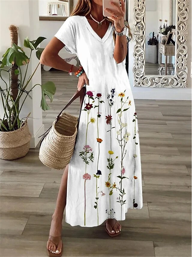 Women's Long Dress Maxi Dress Casual Dress A Line Dress Print Dress Flower Fashion Streetwear Daily Date Vacation Split Print Short Sleeve V Neck Dress Regular Fit White Pink Red Spring Summer S M L 3 Women's Long Dress Maxi Dress Casual Dress A Line Dress Print Dress Flower Fashion Streetwear Daily Date Vacation Split Print Short Sleeve V Neck Dress Regular Fit White Pink Red Spring Summer S M L - Image 3